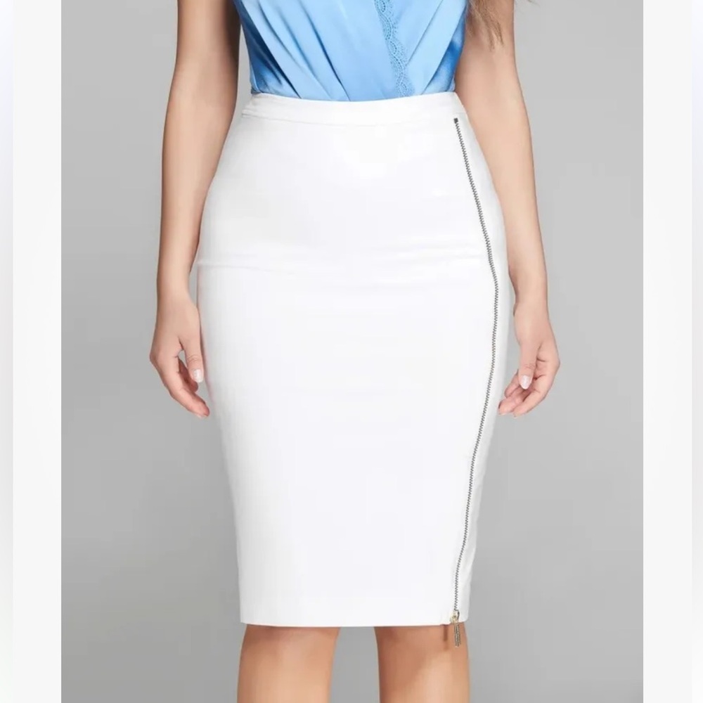 New Guess Marciano Darcey Zipper White Pencil Office Knee Length Slit Skirt S 4